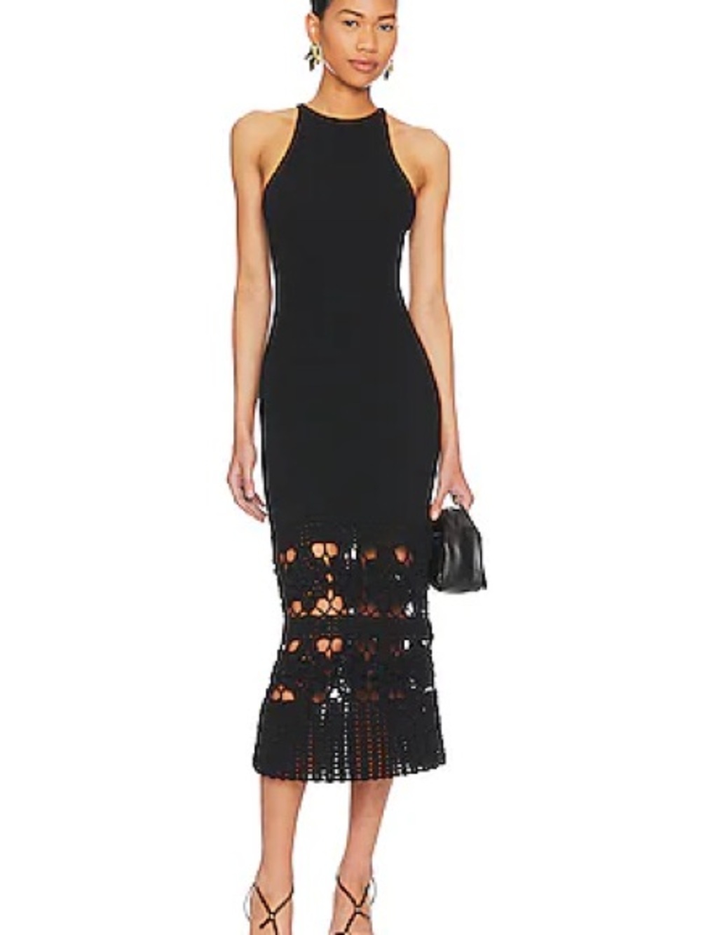 Tularosa Black Halter Midi Dress with Crochet Hem